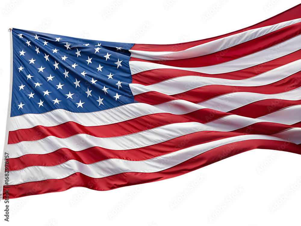 Obraz premium Close up of united states of america flag with stars and stripes waving in the wind against white sky