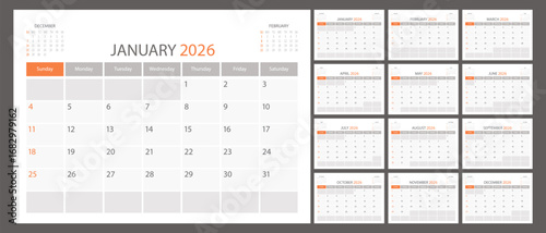 Calendar planner 2026 year, schedule month calender, American organizer template. Week starts on Sunday. Business personal page. Modern simple dairy for USA. Vector illustration