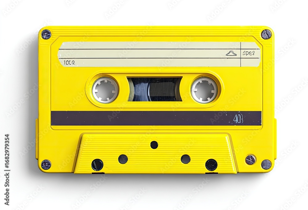 Naklejka premium Bright yellow cassette tape, top view