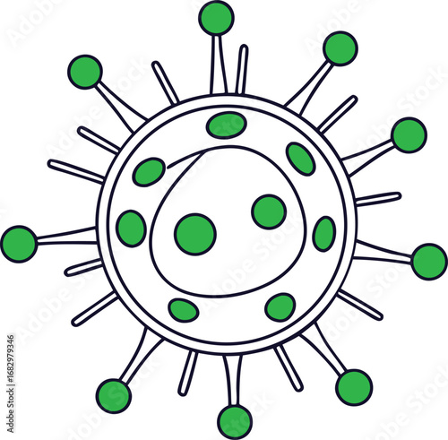 Striking stylized virus illustration with green nodes on transparent background