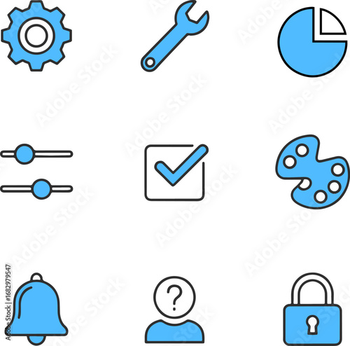 Blue icon set for web design and technology elements