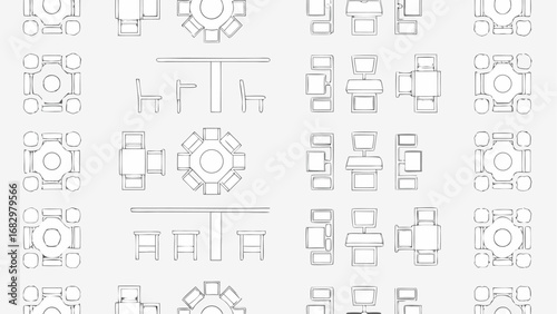 A repeating pattern of furniture outlines including tables chairs desks and round tables on a white background