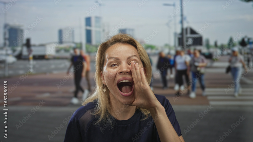 Fototapeta premium Woman blonde cups hand to mouth shouting on busy city street at daylight; urgent announcement excitement.