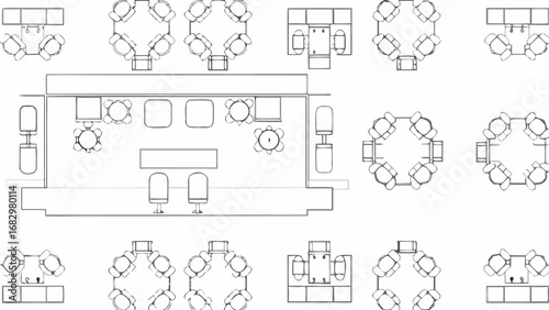 Overhead view of a restaurant layout featuring tables with chairs and a bar area with seating arrangement