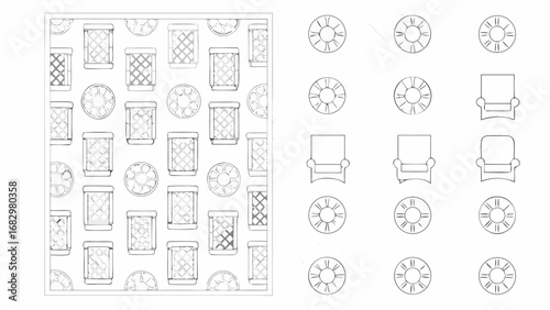 Illustration featuring a pattern of containers and circular designs alongside individual chair and circle motifs