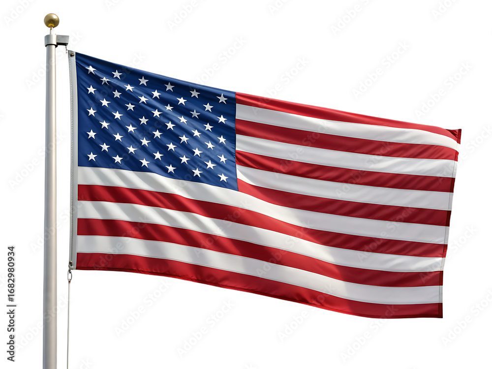 Fototapeta premium A us flag with stars and stripes blowing in the wind attached to a metal flagpole on a white background