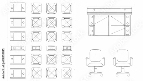 Sketch of office furniture including chairs desk and modular units with cross bracing and circular accents