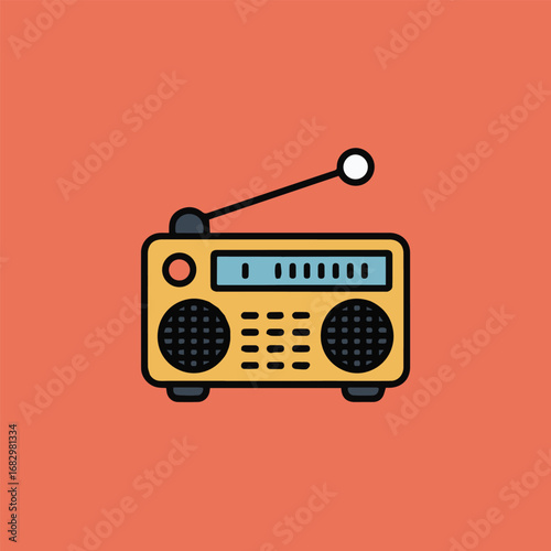 Retro radio illustration on orange background, featuring an antenna, speaker, and dial, evoking a sense of vintage sound and music technology