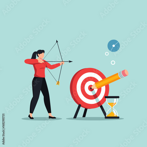 Focused businesswoman aims arrow at target with pencil, highlighting timely achievement and strategic success.