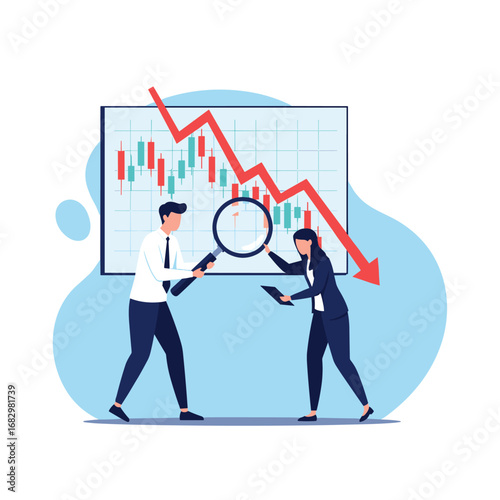 Analyzing financial downturn with magnifying glass and downward trend graph