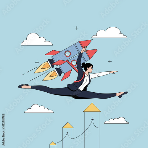 Ambitious businesswoman gracefully achieves soaring success with rocket propulsion and upward growth chart