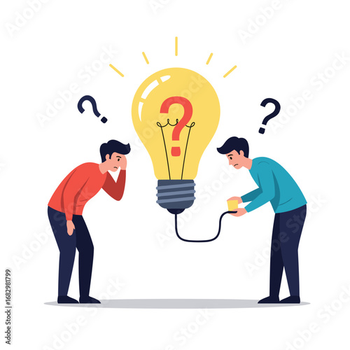 Puzzled colleagues brainstorm bright idea, problem-solving with questioning and connection