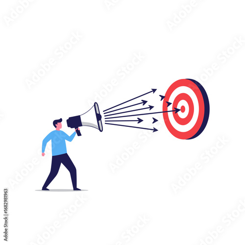Man targets bullseye with megaphone marketing arrows achieving business success goals