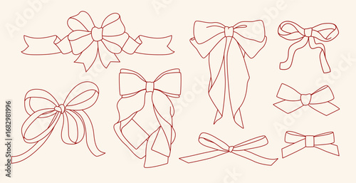 Сollection of flat contour ribbon bows doodle hand drawn icon, element. Outline drawing Christmas bow for gift wrapping, frame, present. Сlipart on white background. Isolated Vector EPS10