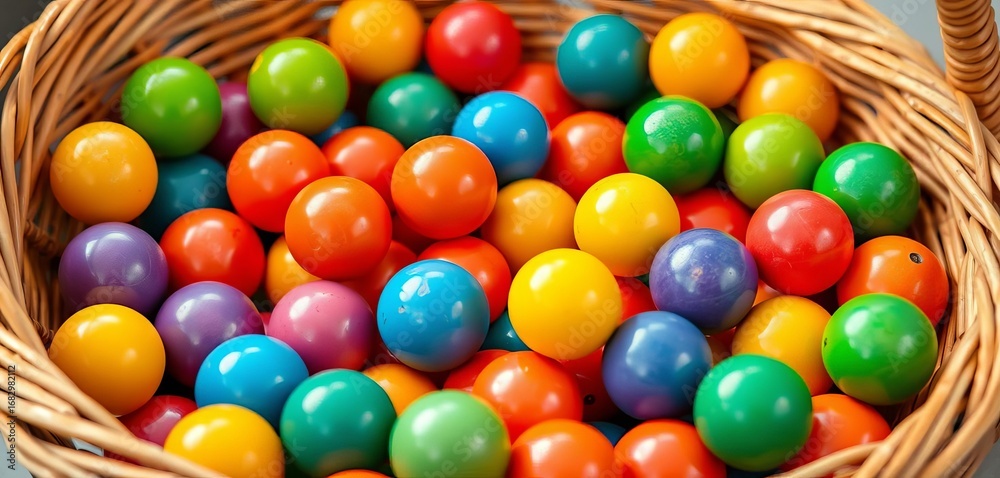 Obraz premium Colorful balls in a matching-color basket; a children's game, yellow, colorful balls