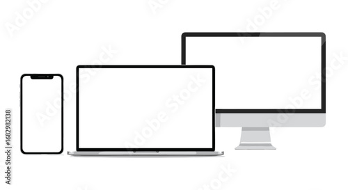 Realistic devices set featuring smartphone, laptop, and monitor with blank screens
