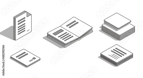 Isometric office documents set with papers, books, and folders on white background