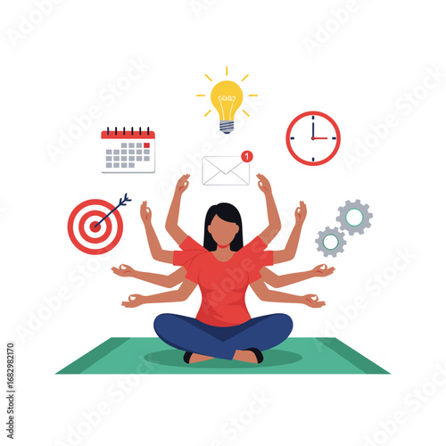 Multitasking master balances work tasks with calm focus, achieving peak productivity and mental clarity