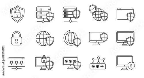 Cybersecurity and data protection icons set with shields and locks in linear style
