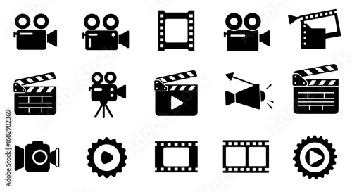 Silhouette icons of cameras and clapperboards for film and cinema