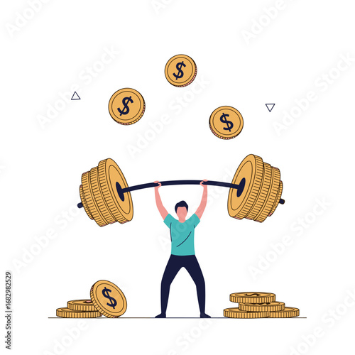 Man lifts heavy barbell with coin weights, symbolizing financial strength and success