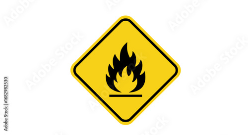 Warning sign with flammable material symbol on yellow diamond shape