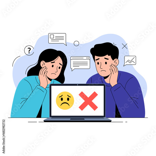 Worried couple facing online negativity and bad feedback on laptop screen with sad emoji and cross