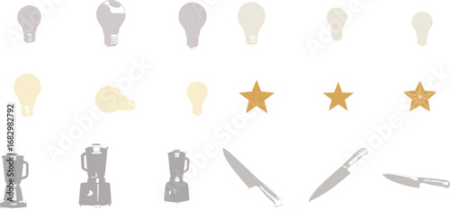 Assorted household and kitchen objects in rows light bulb