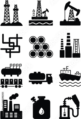 Oil and gas industry icons, drilling rig, offshore platform, pumpjack, oil barrels, refinery towers, tanker truck, cargo ship, fuel pump, pipeline