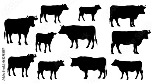 Silhouette collection of cattle in various poses and sizes