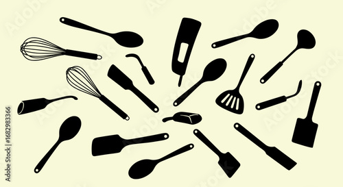 Silhouette kitchen utensils collection on light background