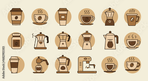 Coffee icons collection featuring cups and coffee makers in modern flat style