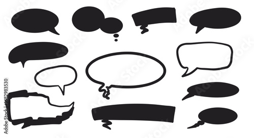Set of hand-drawn speech bubbles in black and white for comics