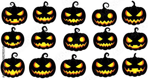 Spooky halloween pumpkins with scary faces and glowing eyes