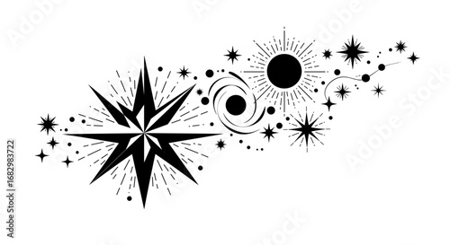 Celestial art: cosmic star and planet design in black and white