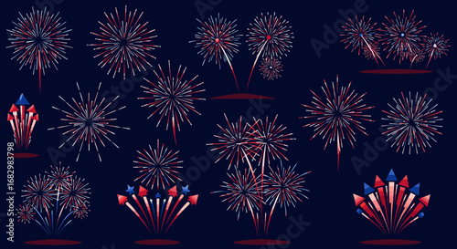 Festive red and blue fireworks display on dark background