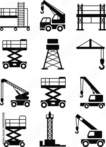Construction machinery icons, crane symbols, scaffolding, scissor lift, gantry crane, crawler crane, drilling rig, mobile crane, lifting equipment, industrial structures