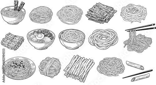 Hand-drawn noodle and pasta varieties with bowls and chopsticks in black and white