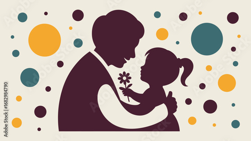Silhouette of father holding daughter who is giving him a flower with colorful circles background