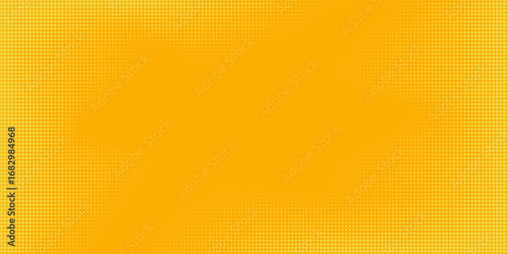 Fototapeta premium Yellow halftone pattern. Retro comic gradient background. Bright orange pixelated dotted texture overlay. Cartoon pop art faded gradient pattern. Vector backdrop for poster, banner, advertisement