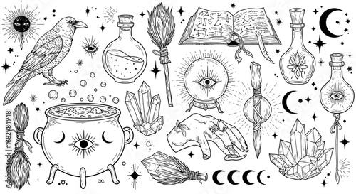 Mystical witchcraft elements in hand-drawn style featuring magical symbols and tools