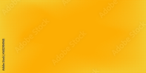 Yellow halftone pattern. Retro comic gradient background. Bright orange pixelated dotted texture overlay. Cartoon pop art faded gradient pattern. Vector backdrop for poster, banner, advertisement