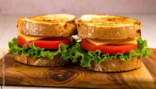 Two sandwiches, cut open to display fillings of lettuce, tomato, and cheese, arranged on a wooden board against a pale pink backdrop