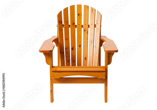 A full shot of a wooden Adirondack chair, showcasing its warm honey-colored finish and distinct slatted design against a stark black backdrop.
