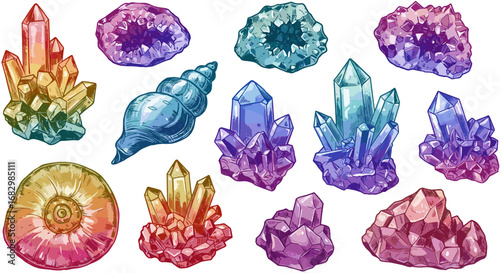 Colorful crystal and mineral collection with nautical shell accent