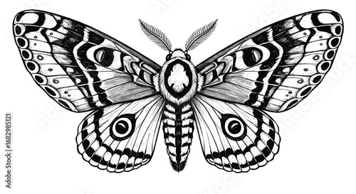 Monochrome detailed moth sketch with intricate wing patterns