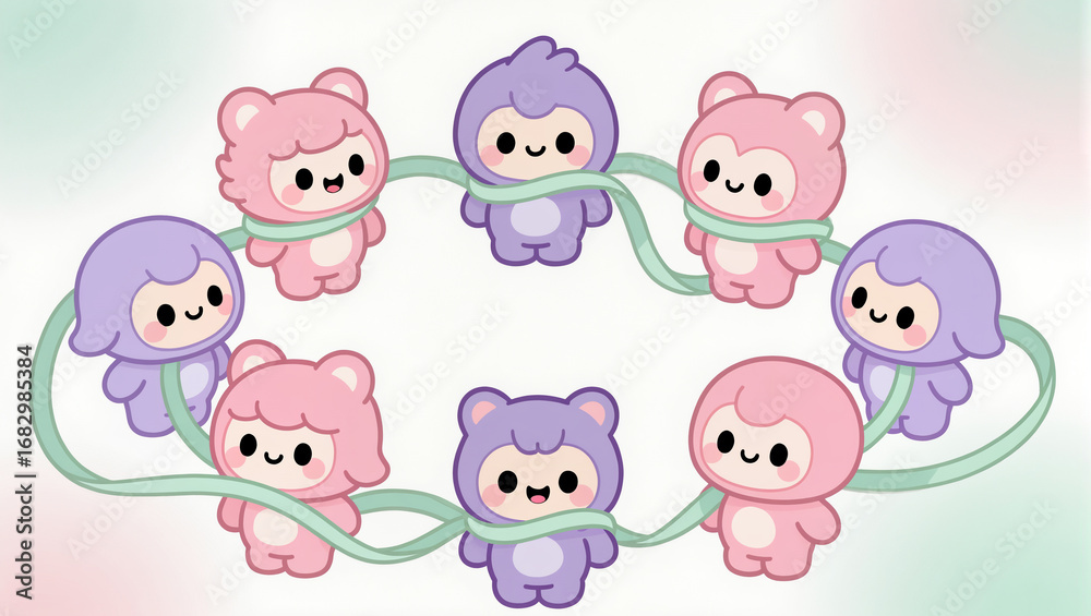 Fototapeta premium Cute characters playfully wrapped in colorful ribbons for joyous fun