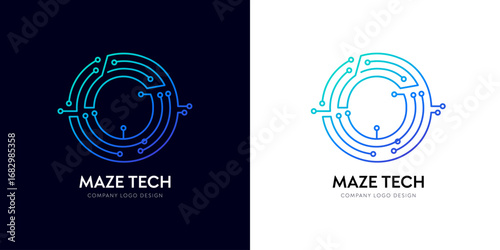 O letter network logo design for tech innovation company. Futuristic typographic connection logo, AI technology corporate brand maze circuit vector. Techno circle gradient electric cyber text line.