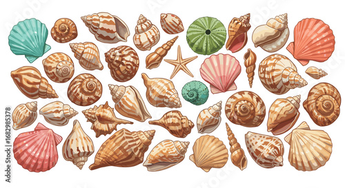 Colorful seashells and starfish collection on white background