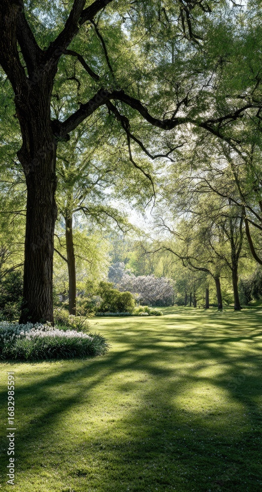 Fototapeta premium Sun-drenched park path beneath leafy canopy